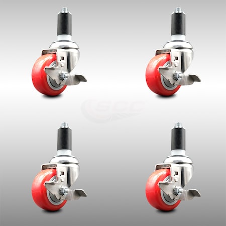 Service Caster 3 Inch 316SS Red Poly Swivel 1-3/8 Inch Expanding Stem Caster Set Brake SCC SCC-SS316EX20S314-PPUB-RED-TLB-138-4